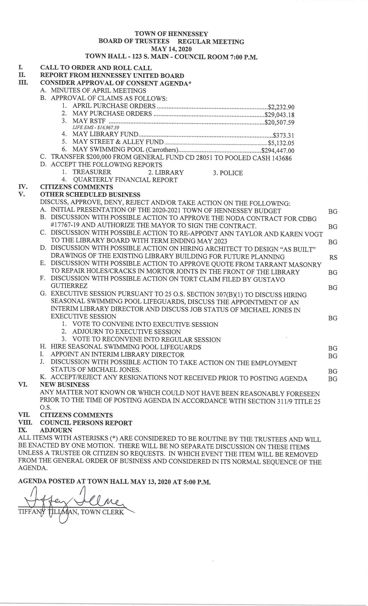 May 14, 2020 Town Board Meeting Agenda Town of Hennessey