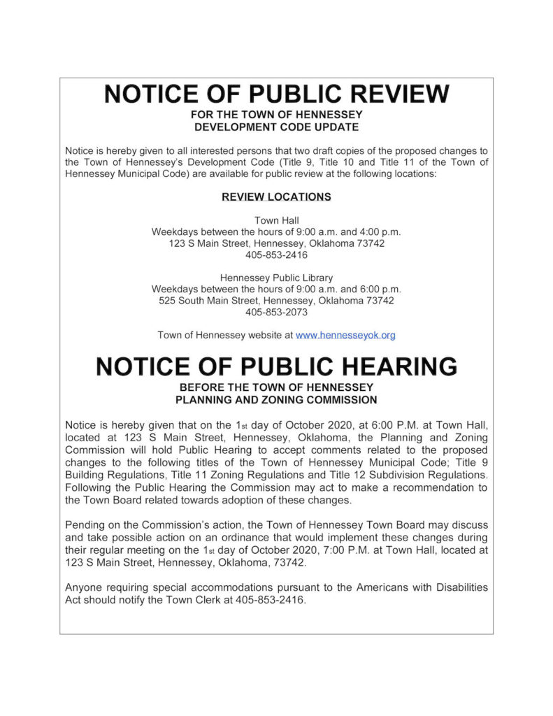 NOTICE OF PUBLIC HEARING Town of Hennessey
