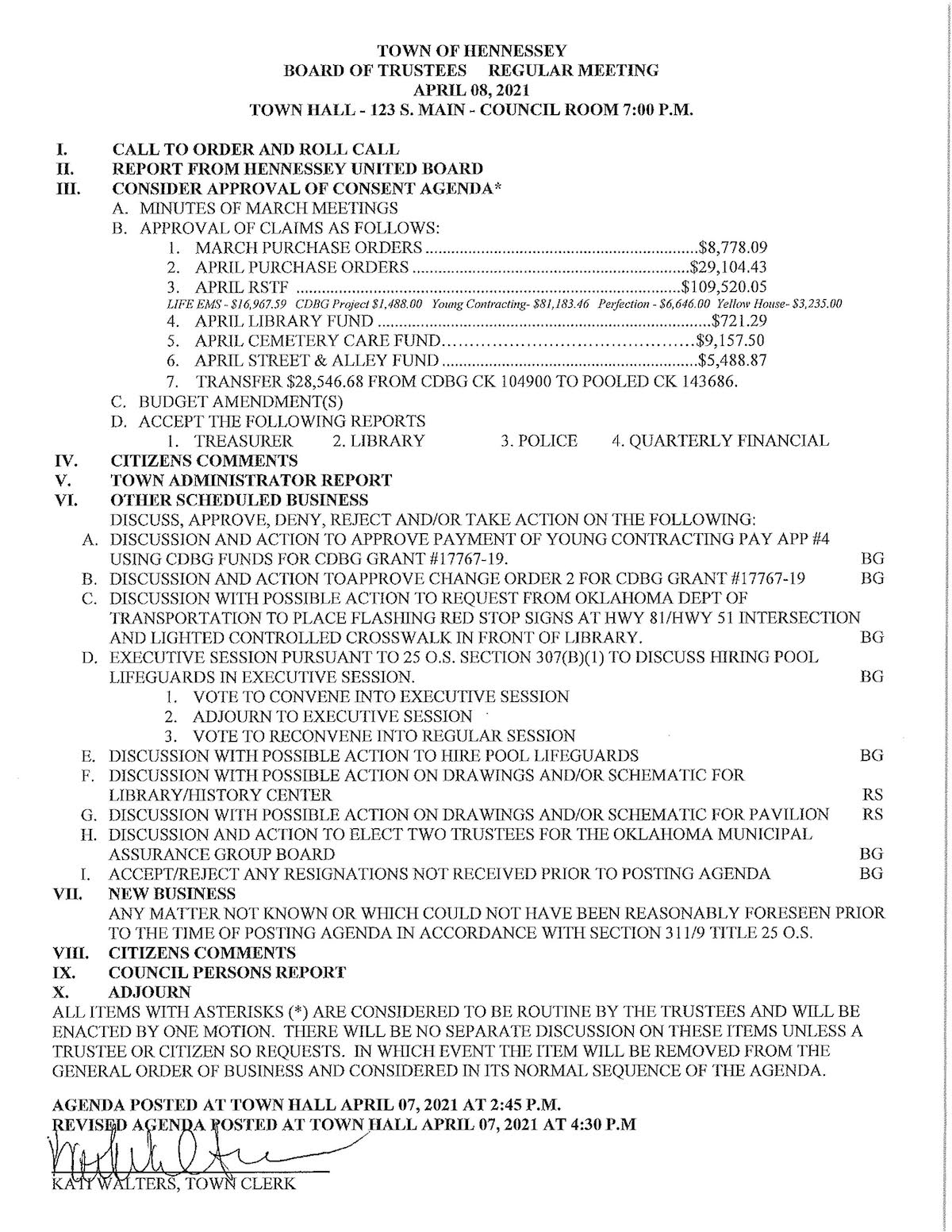 Town Board Meeting Agenda April 8, 2021 Town of Hennessey